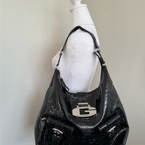 Y2K GUESS Black Patent Logo Shoulder Hobo with Rhinestone Lock